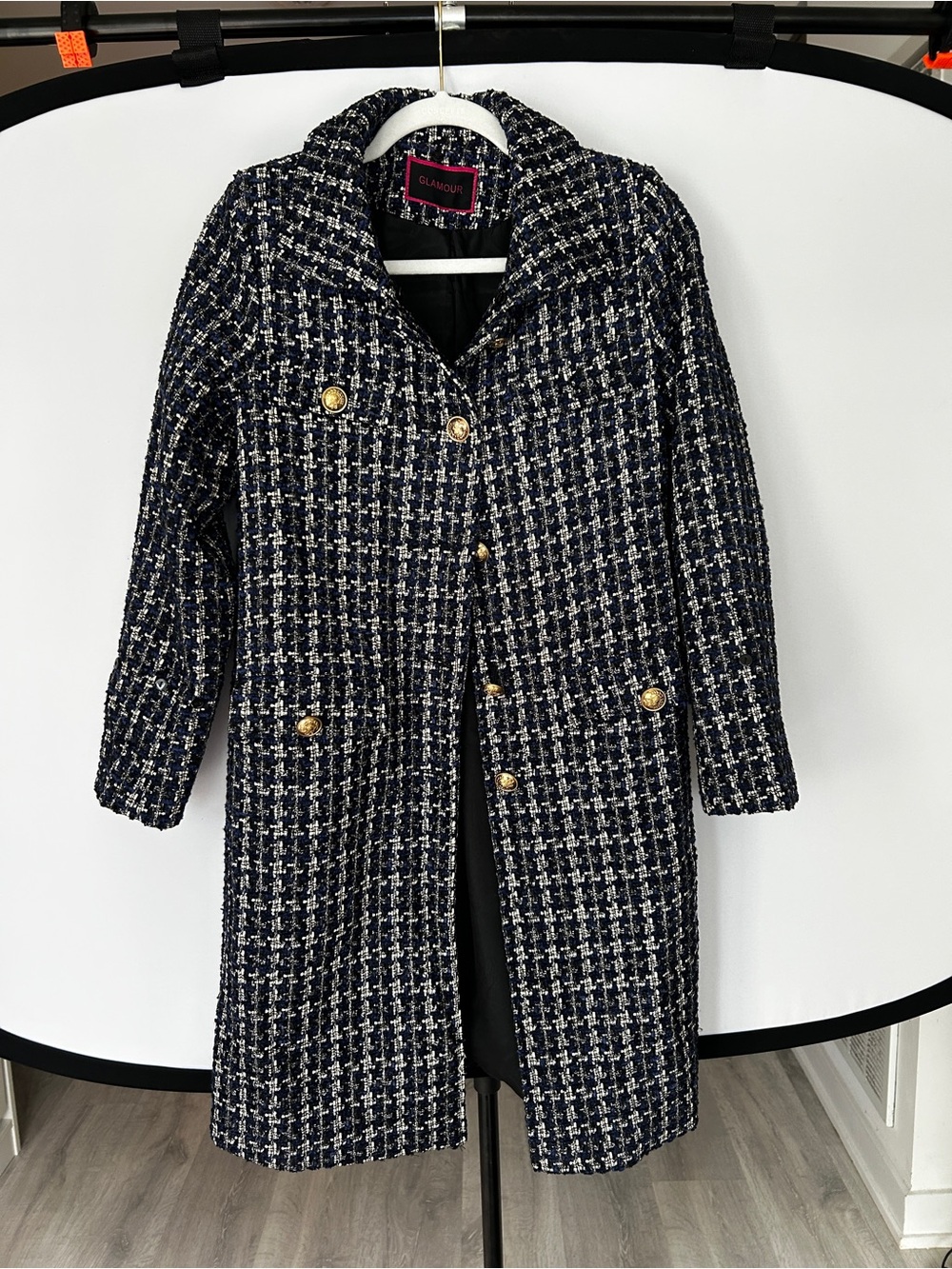 Glamorous Navy & White Tweed Long Coat with Gold Buttons